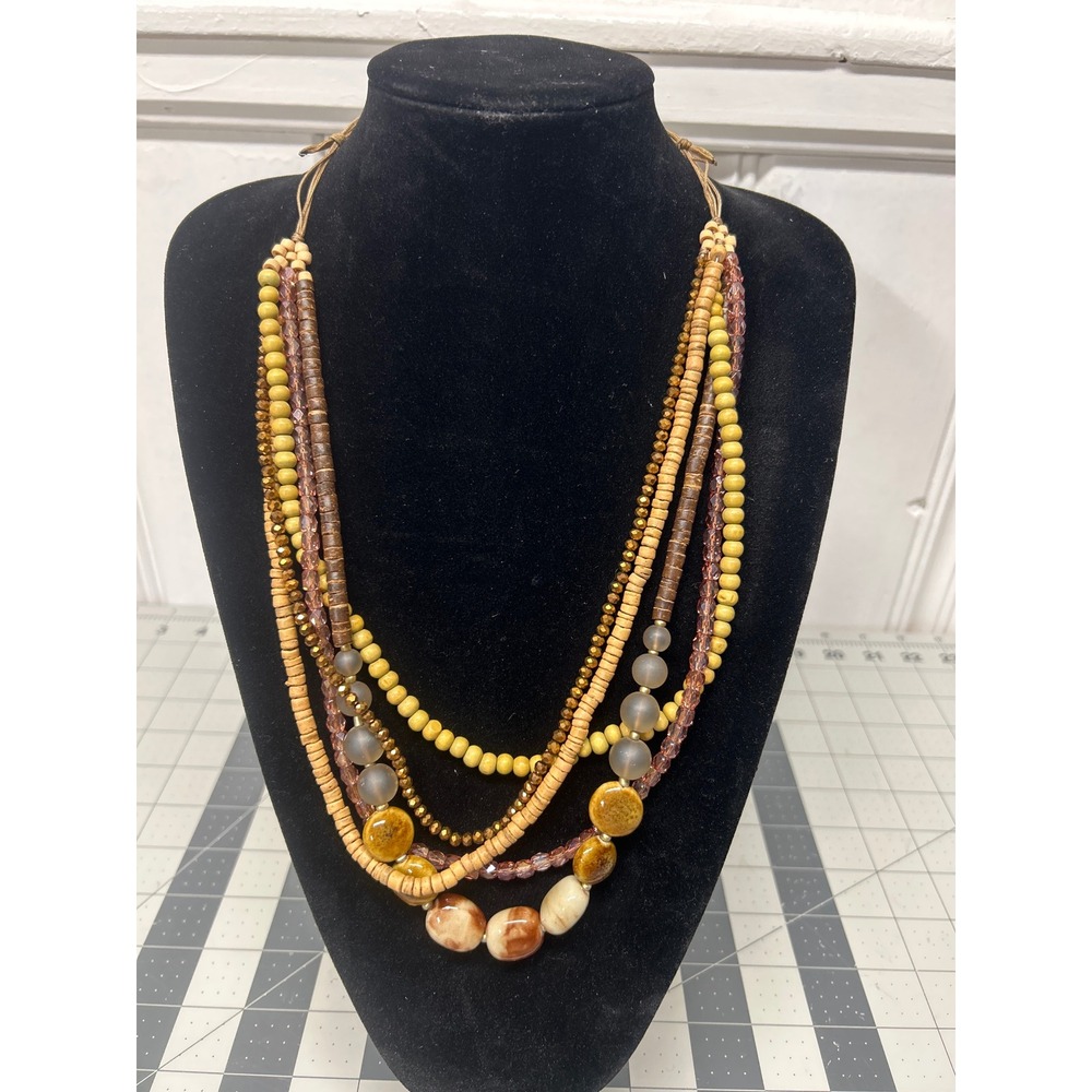 Multi Strand Cord Beaded Statement Necklace Wood Beads Earth Tones Natural‎ Boho